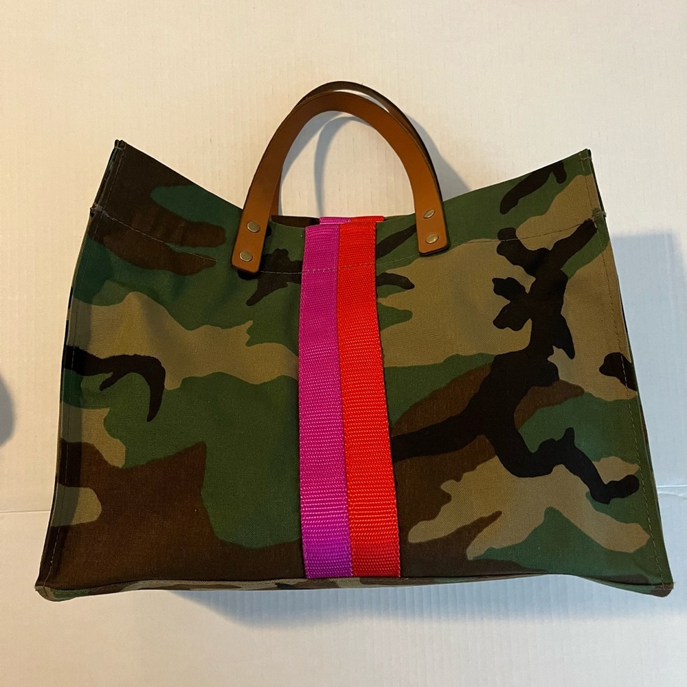 Camouflage Tote Bag with Red and Pink Stripe